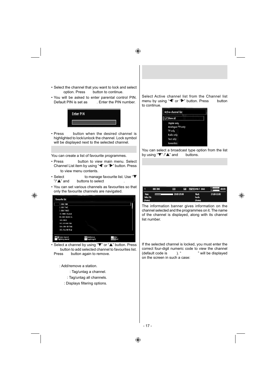 Managing stations: sorting channel list, Managing stations: favourites, On-screen information | Sanyo CE32LD17E-B User Manual | Page 18 / 34