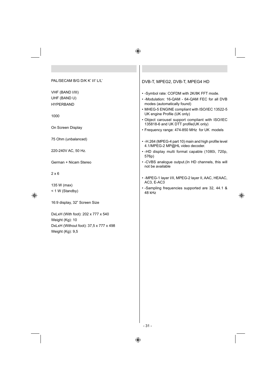Digital reception (dvb-t), Specifi cations | Sanyo CE32LD17E-B User Manual | Page 32 / 34
