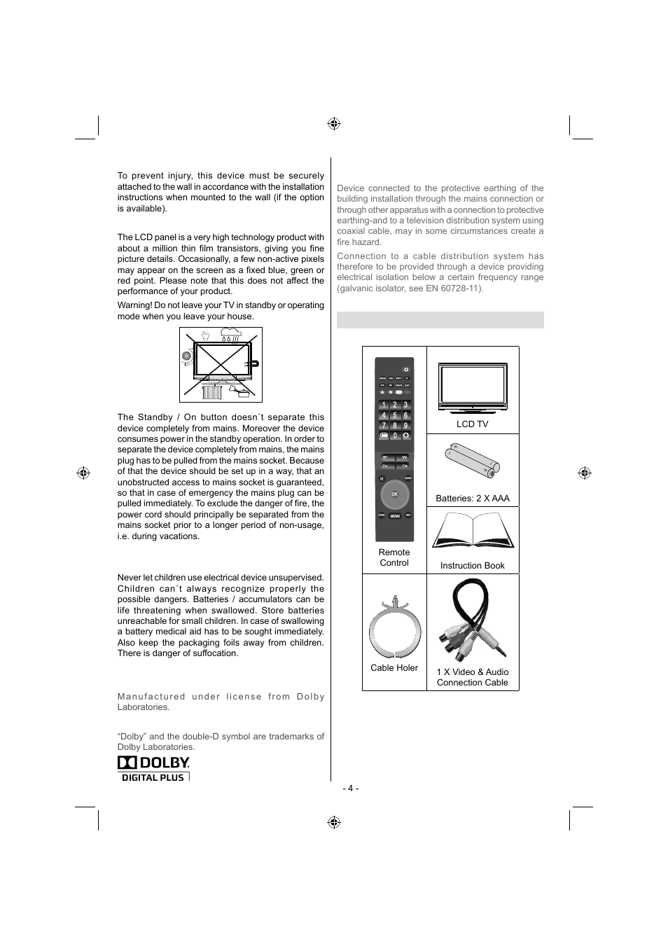 Package contents, Installation, Lcd screen | Licence notifi cation, Trademark acknowledgment, English - 4 | Sanyo CE32LD17E-B User Manual | Page 5 / 34
