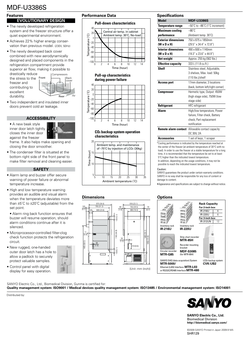 Mdf-u3386s, Dimensions, Accessibility | Performance data safety, Backup system operation characteristics | Sanyo MDF-U3386S User Manual | Page 2 / 2