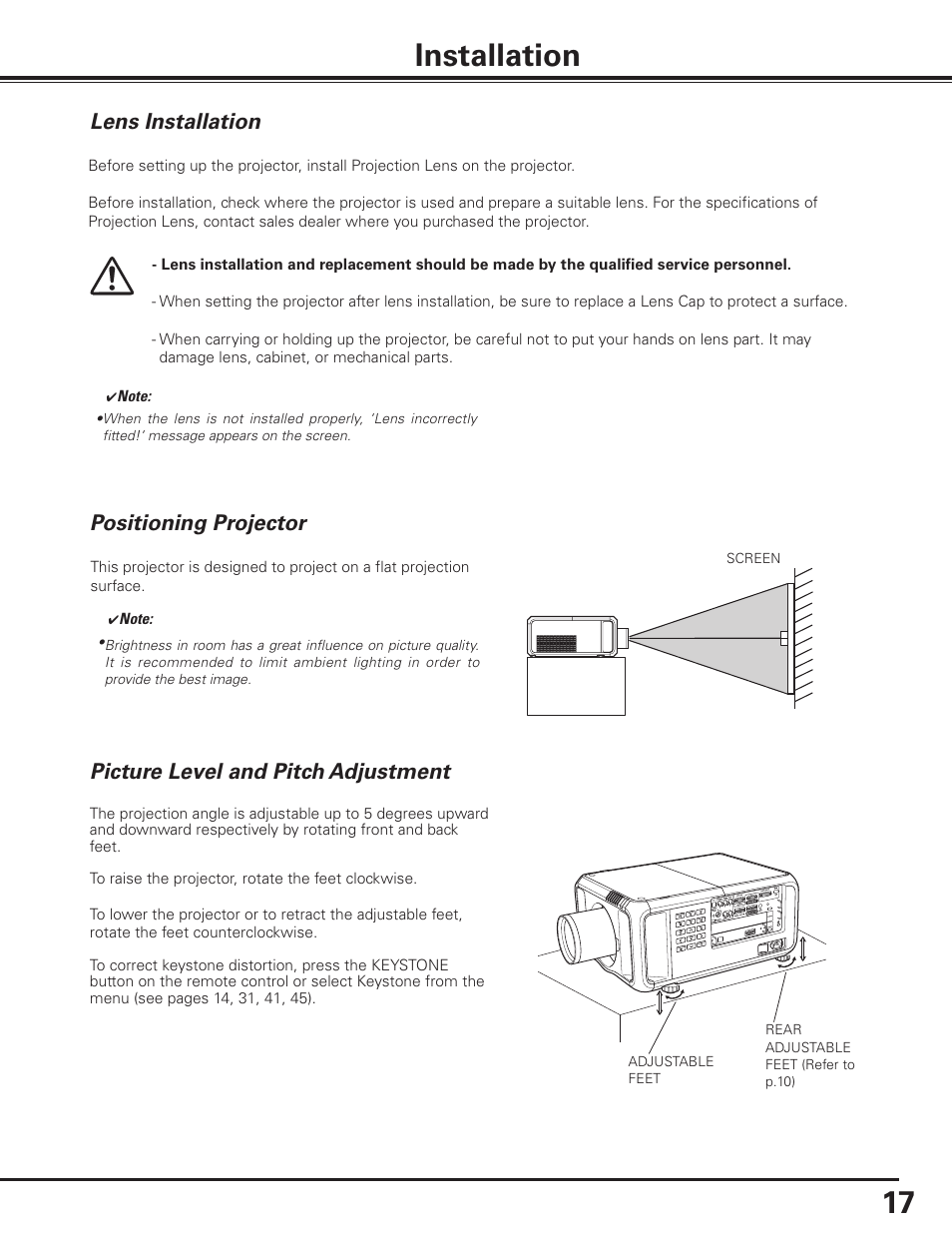 Installation, Lens installation, Positioning projector | Picture level and pitch adjustment, 17 installation | Sanyo PDG-DET100L User Manual | Page 17 / 92