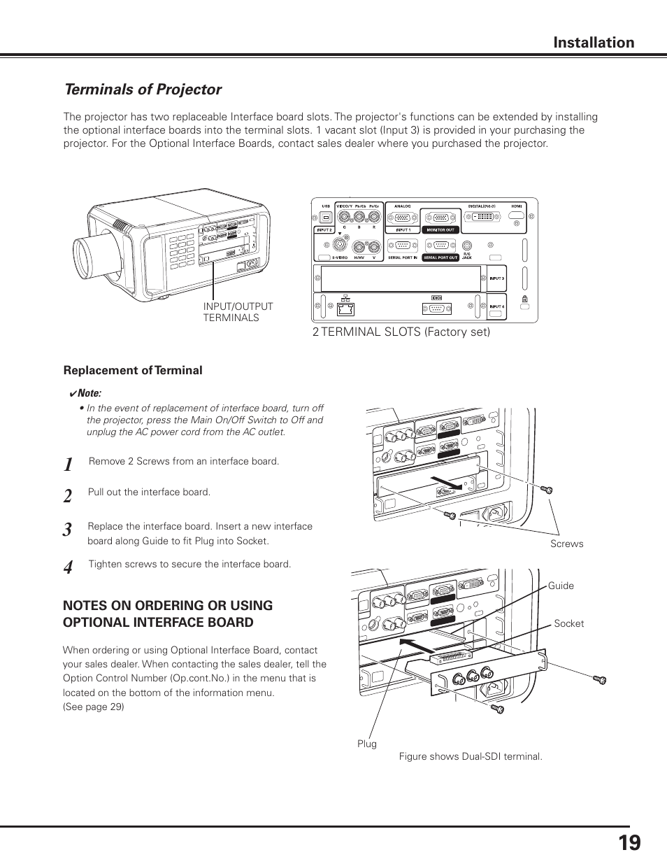 Terminals of projector, Installation | Sanyo PDG-DET100L User Manual | Page 19 / 92