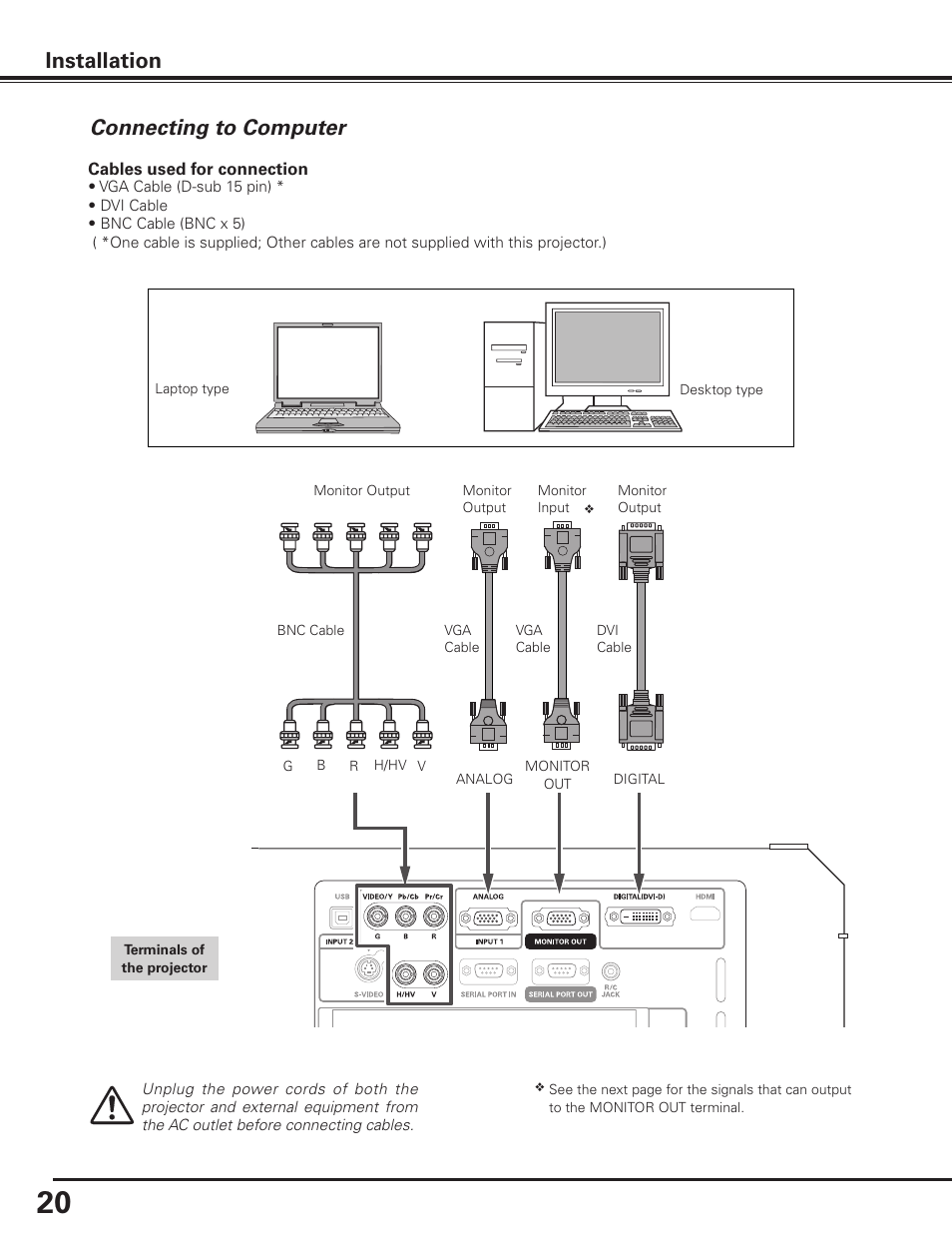 Connecting to computer, Installation connecting to computer | Sanyo PDG-DET100L User Manual | Page 20 / 92
