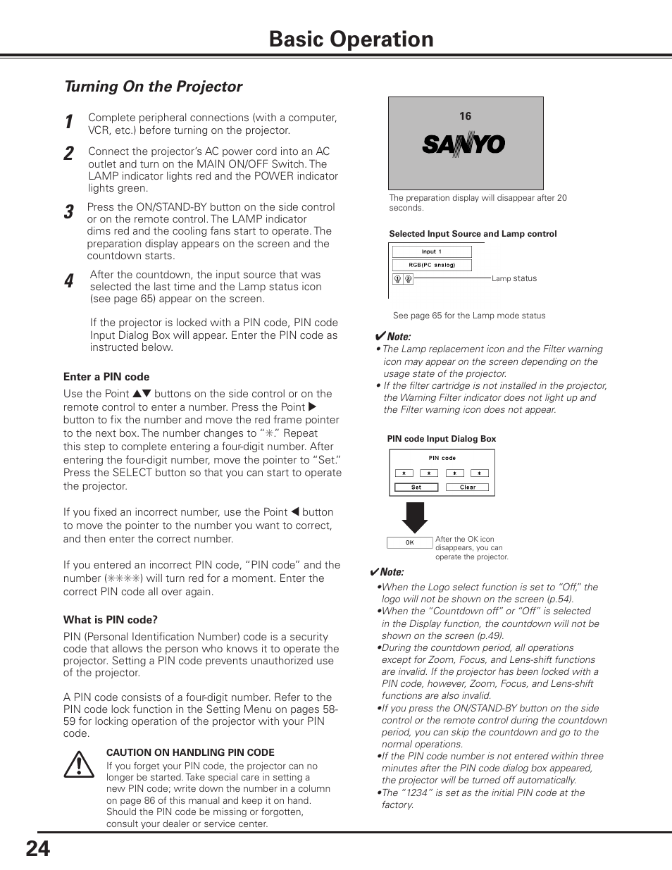 Basic operation, Turning on the projector | Sanyo PDG-DET100L User Manual | Page 24 / 92