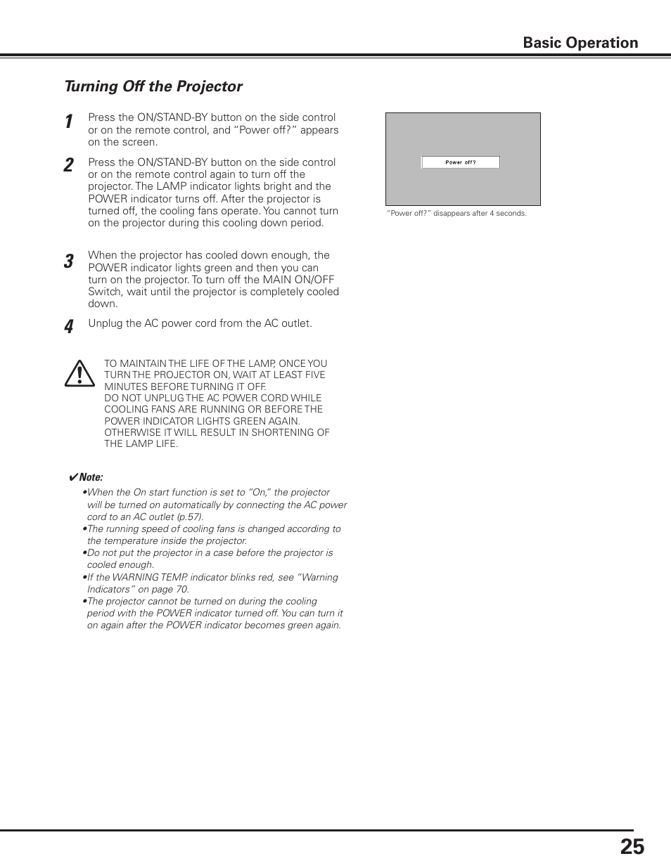 Turning off the projector, Turning off the projector basic operation | Sanyo PDG-DET100L User Manual | Page 25 / 92