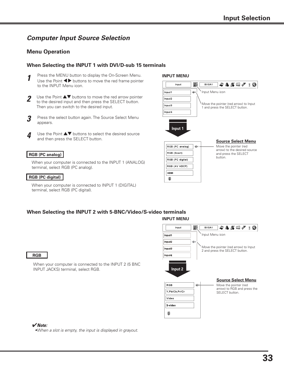 Computer input source selection, Input selection | Sanyo PDG-DET100L User Manual | Page 33 / 92