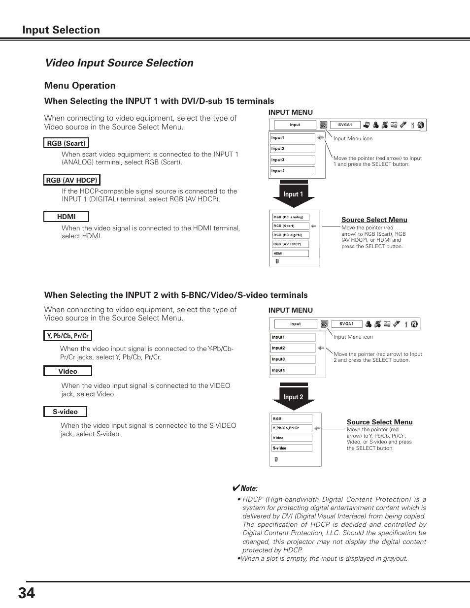 Video input source selection, Video input source selection input selection, Menu operation | Sanyo PDG-DET100L User Manual | Page 34 / 92