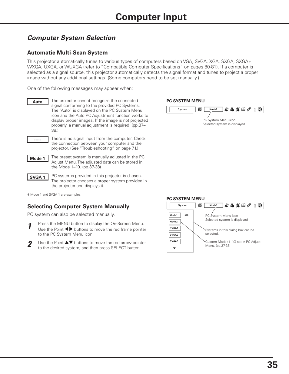 Computer input, Computer system selection | Sanyo PDG-DET100L User Manual | Page 35 / 92