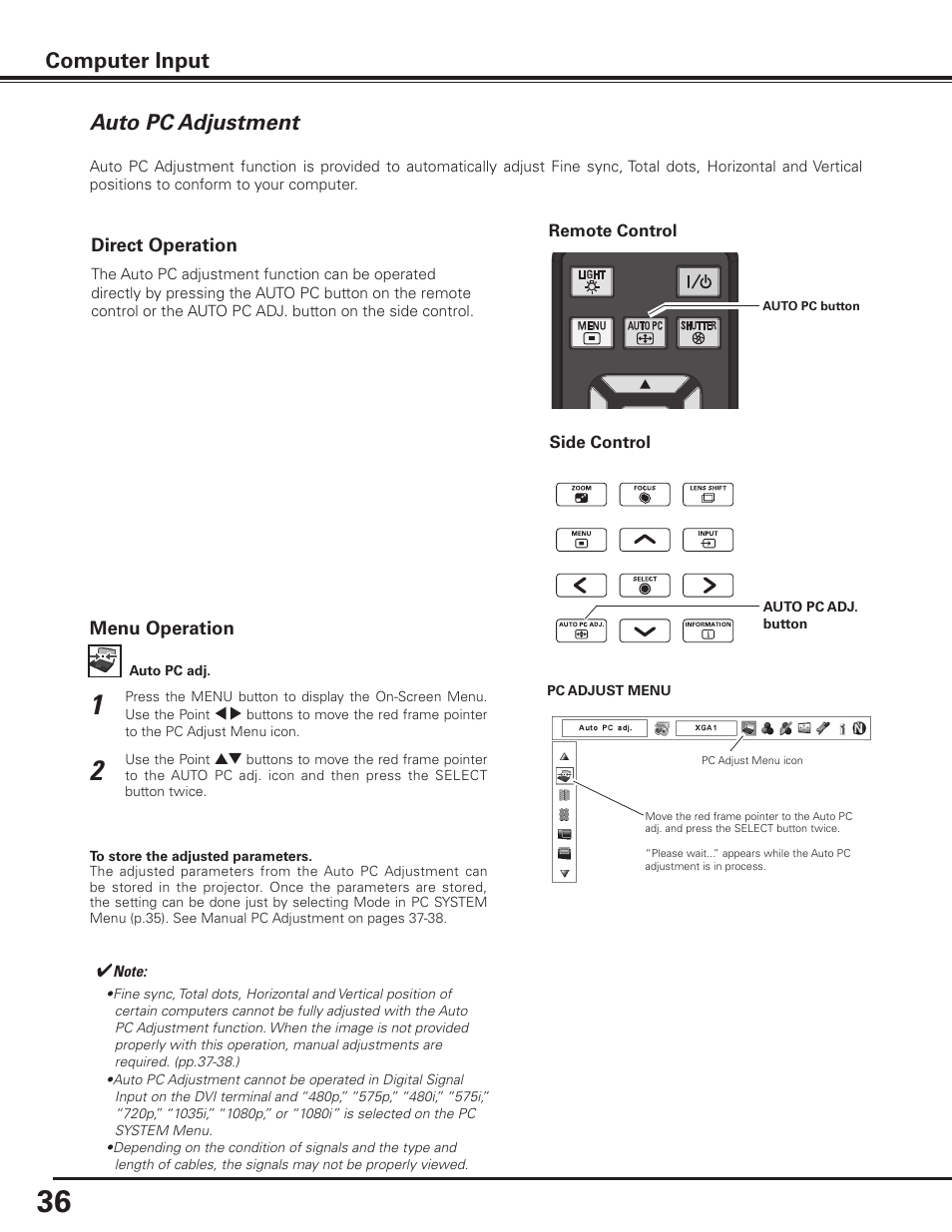 Auto pc adjustment, Computer input | Sanyo PDG-DET100L User Manual | Page 36 / 92