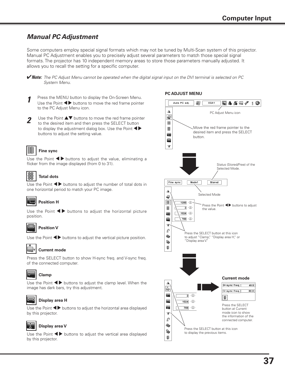 Manual pc adjustment, Computer input | Sanyo PDG-DET100L User Manual | Page 37 / 92