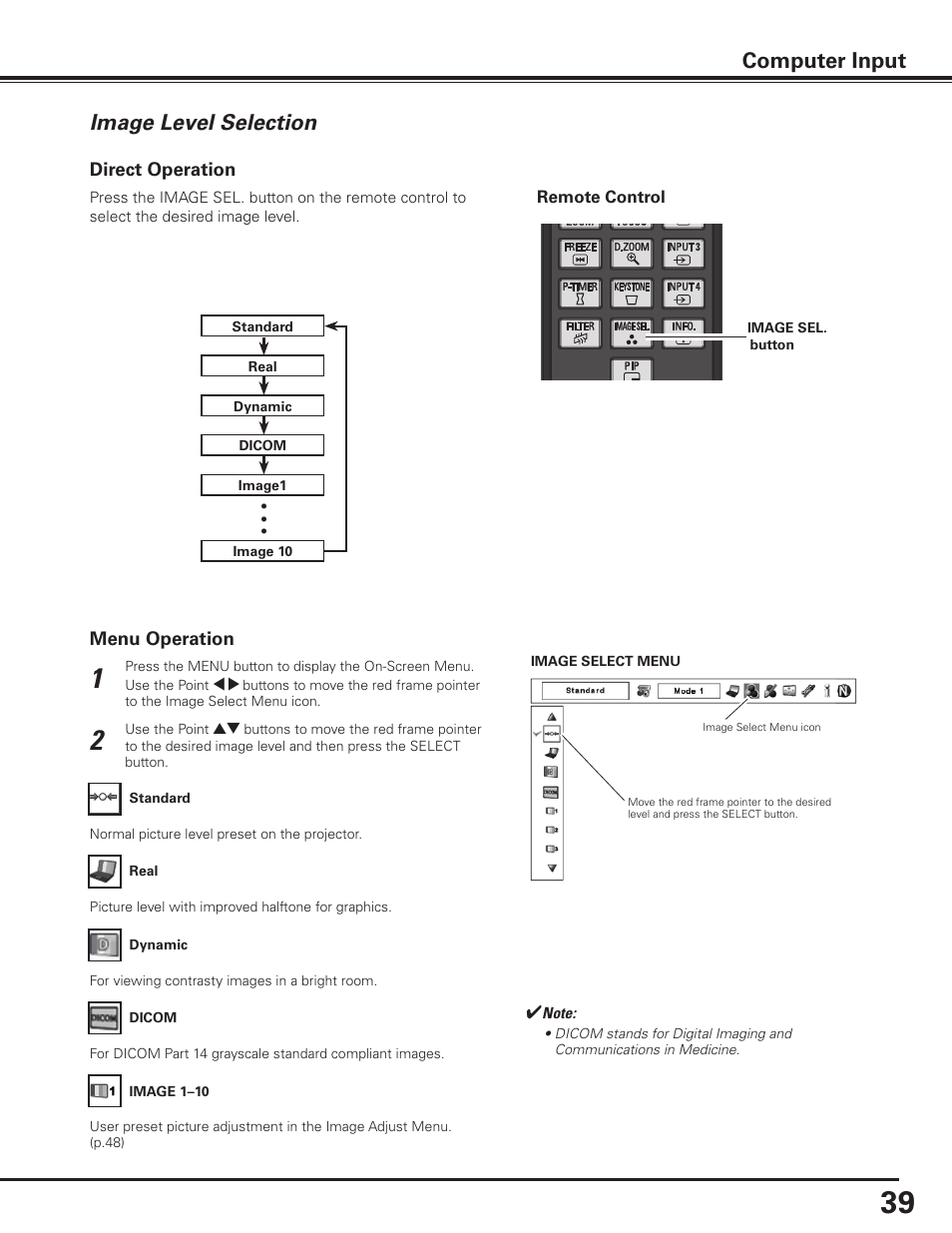 Image level selection, Computer input | Sanyo PDG-DET100L User Manual | Page 39 / 92