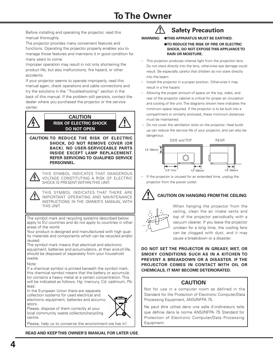 To the owner, Safety precaution, Caution | Sanyo PDG-DET100L User Manual | Page 4 / 92