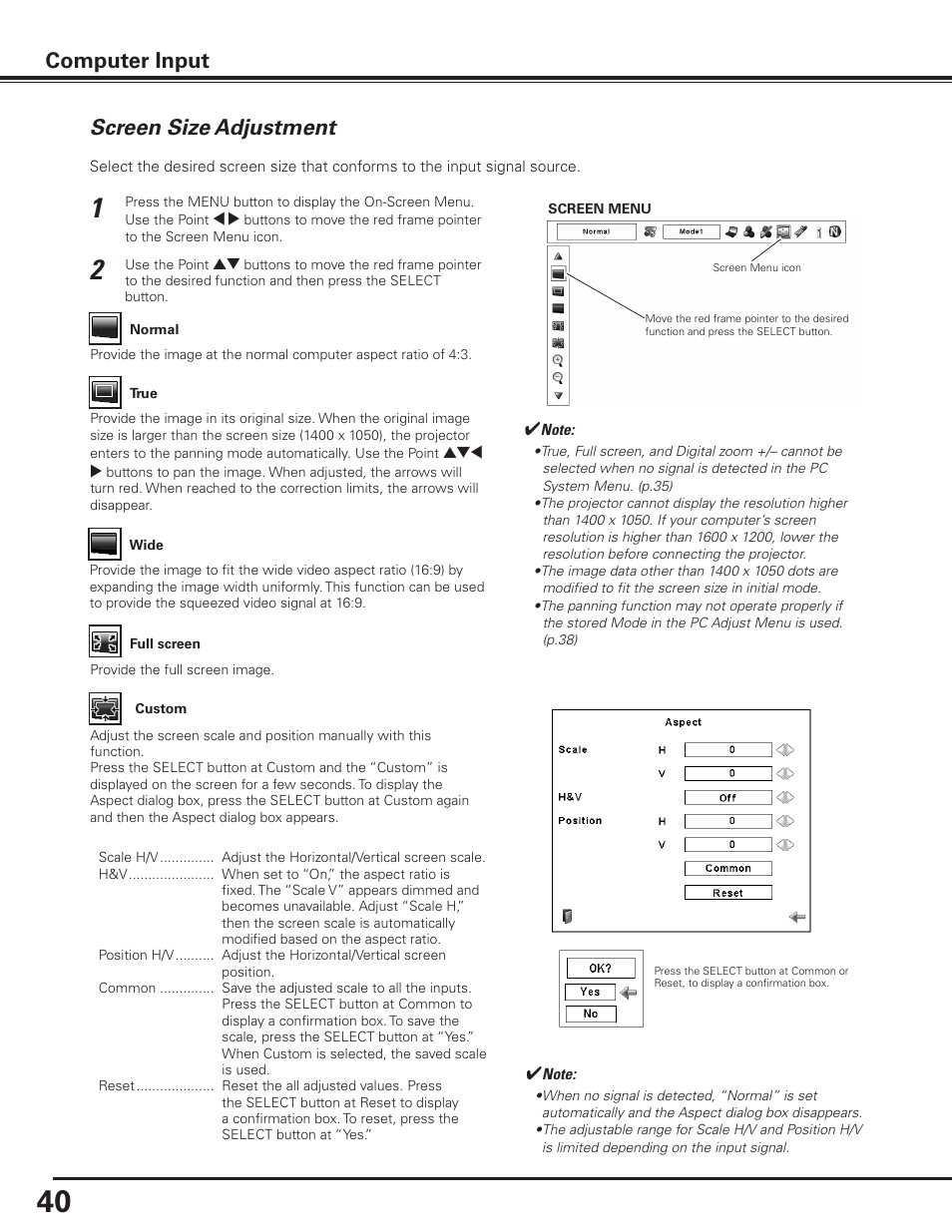 Screen size adjustment, Computer input | Sanyo PDG-DET100L User Manual | Page 40 / 92