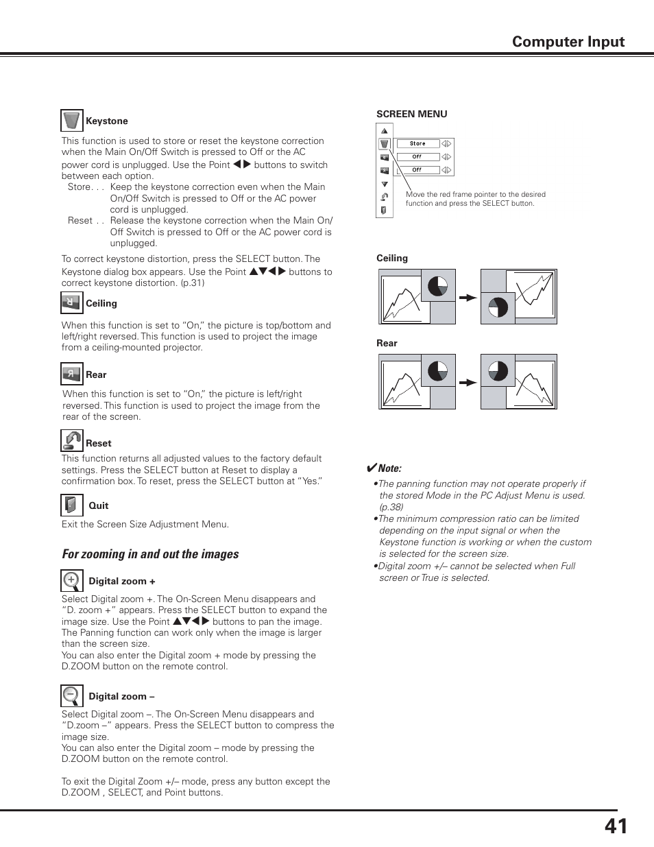 Computer input, For zooming in and out the images | Sanyo PDG-DET100L User Manual | Page 41 / 92