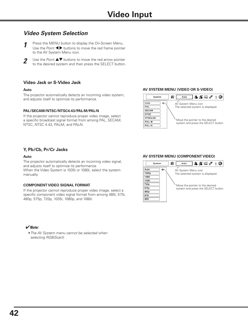 Video input, Video system selection | Sanyo PDG-DET100L User Manual | Page 42 / 92