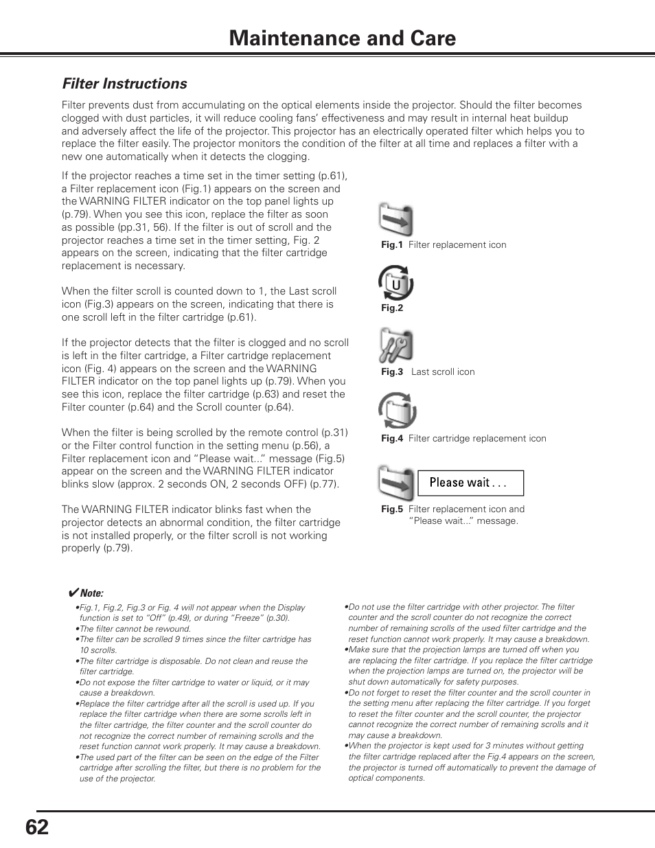 Maintenance and care, Filter instructions, 62 maintenance and care | Sanyo PDG-DET100L User Manual | Page 62 / 92