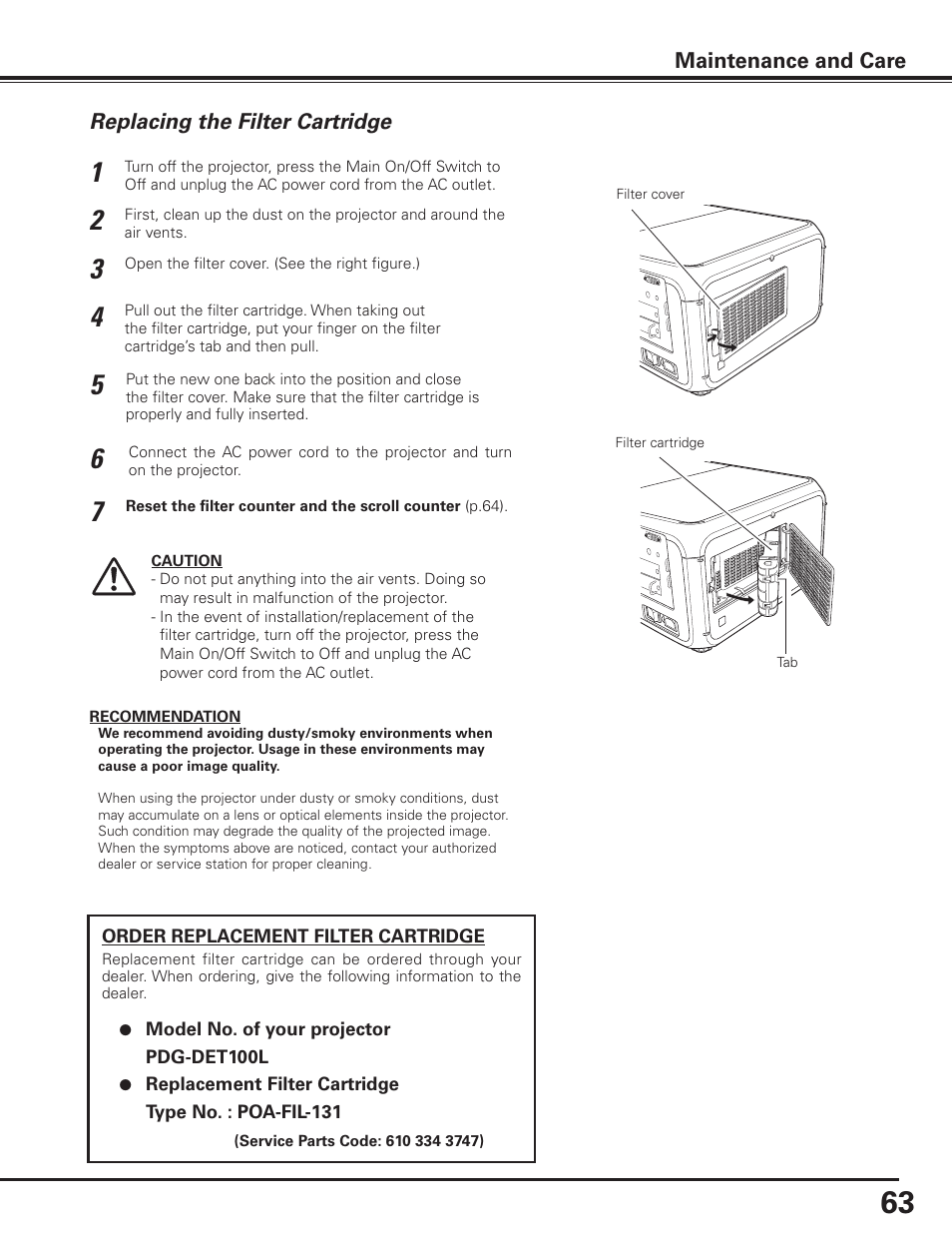 Replacing the filter cartridge, Maintenance and care | Sanyo PDG-DET100L User Manual | Page 63 / 92