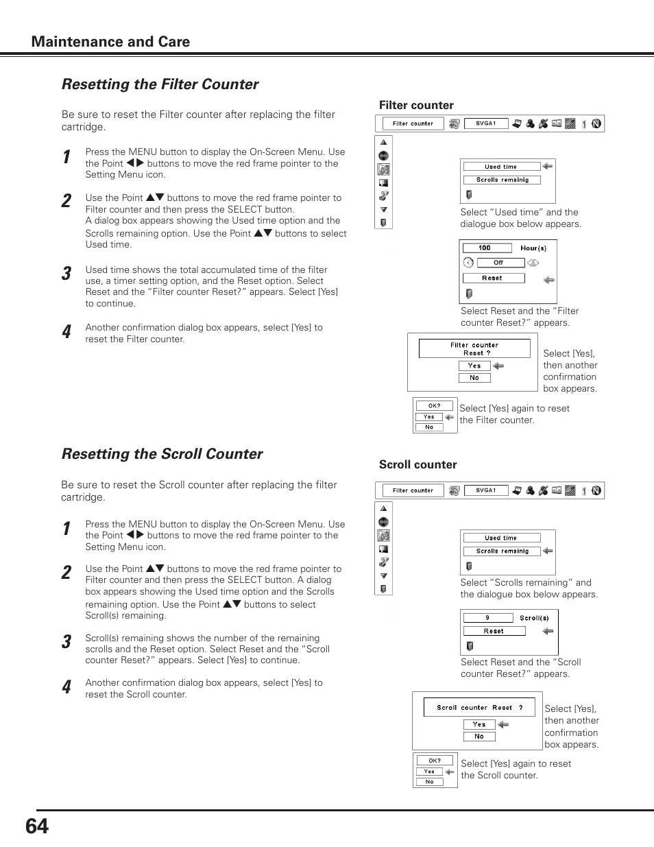 Resetting the filter counter, Resetting the scroll counter, Maintenance and care | Sanyo PDG-DET100L User Manual | Page 64 / 92