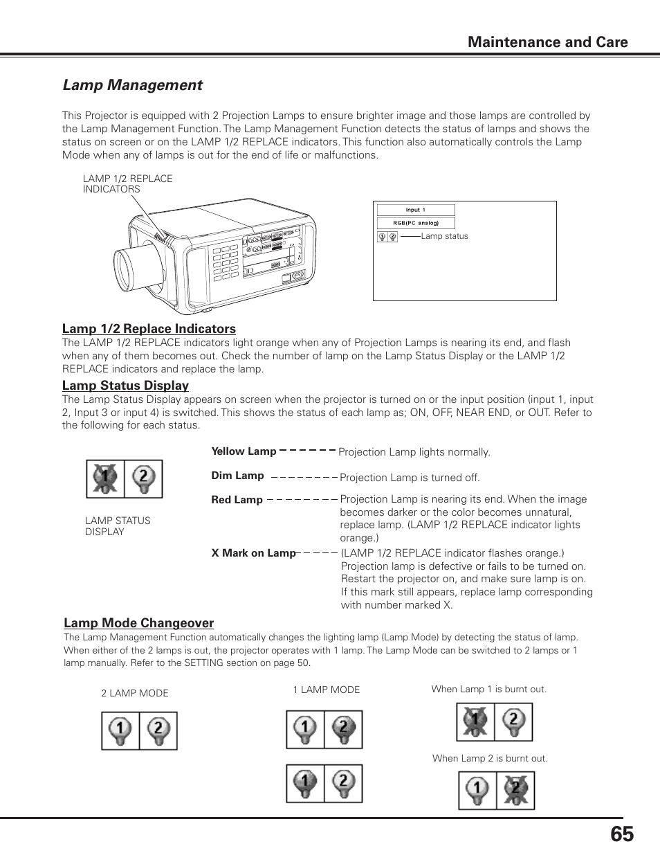 Lamp management, Maintenance and care | Sanyo PDG-DET100L User Manual | Page 65 / 92