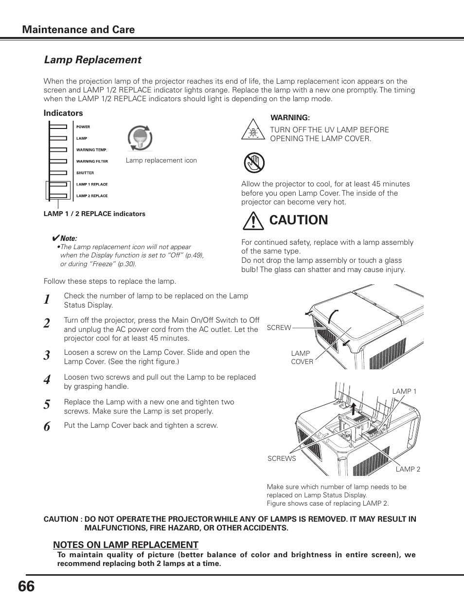 Lamp replacement, Caution, Maintenance and care | Sanyo PDG-DET100L User Manual | Page 66 / 92