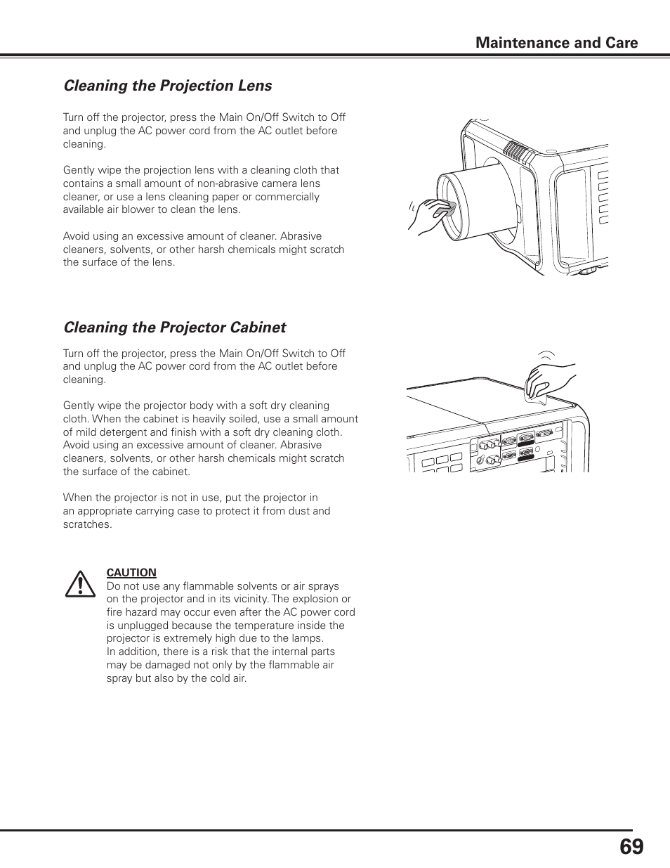 Cleaning the projection lens, Cleaning the projector cabinet, Cleaning the projection lens maintenance and care | Sanyo PDG-DET100L User Manual | Page 69 / 92