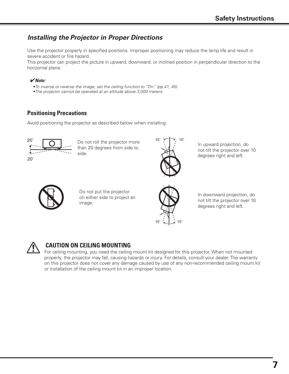 Installing the projector in proper directions, Safety instructions, Positioning precautions | Caution on ceiling mounting | Sanyo PDG-DET100L User Manual | Page 7 / 92