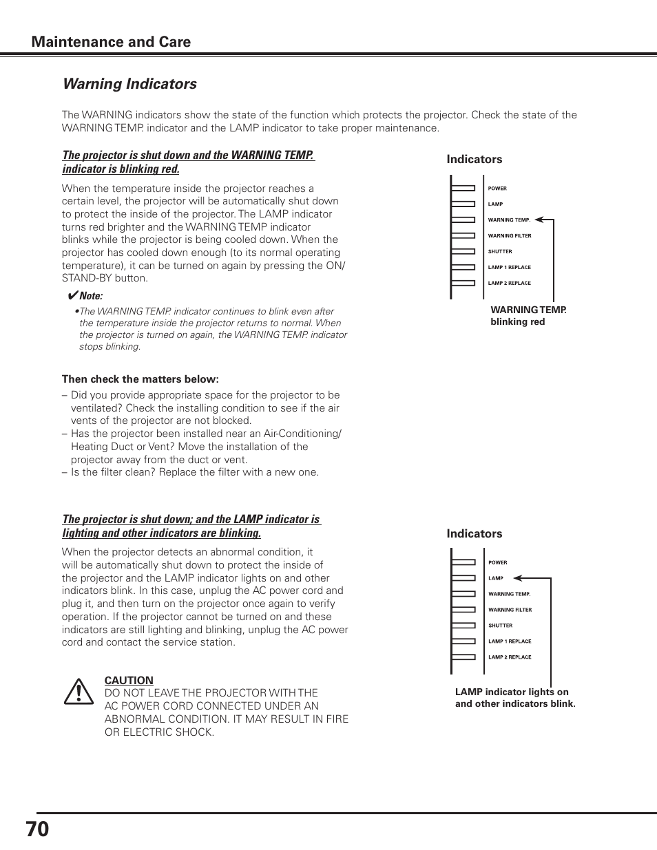 Warning indicators, Maintenance and care | Sanyo PDG-DET100L User Manual | Page 70 / 92