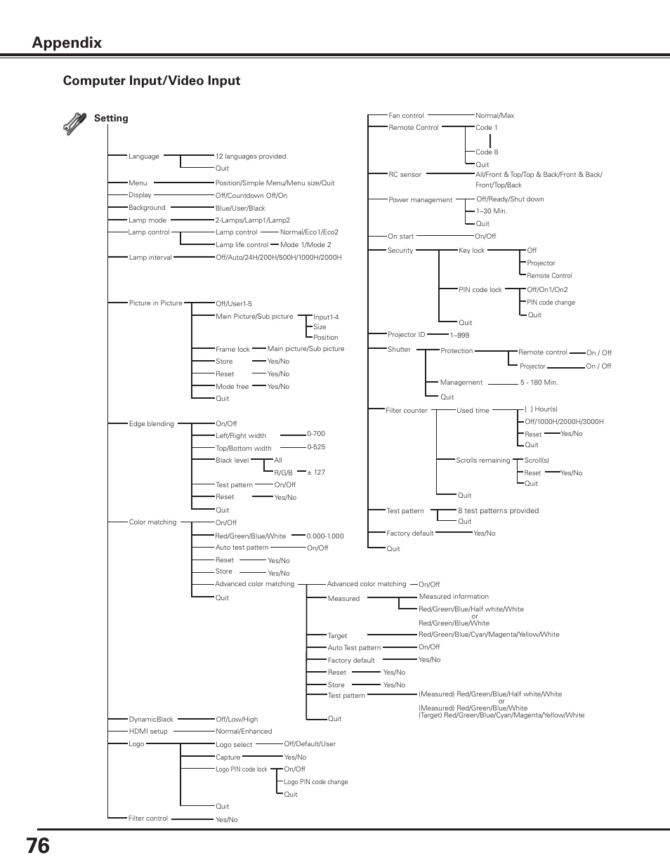Appendix, Computer input/video input, Setting | Sanyo PDG-DET100L User Manual | Page 76 / 92
