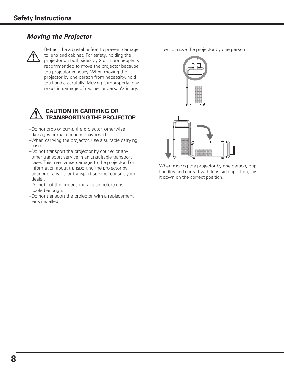 Moving the projector, Safety instructions | Sanyo PDG-DET100L User Manual | Page 8 / 92