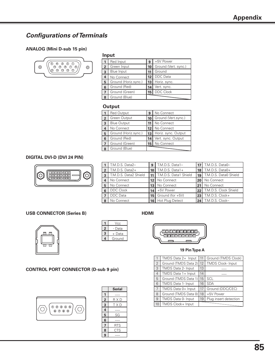 Configurations of terminals, Appendix, Input output | Analog (mini d-sub 15 pin), Control port connector (d-sub 9 pin), Digital dvi-d (dvi 24 pin), Usb connector (series b), Hdmi | Sanyo PDG-DET100L User Manual | Page 85 / 92