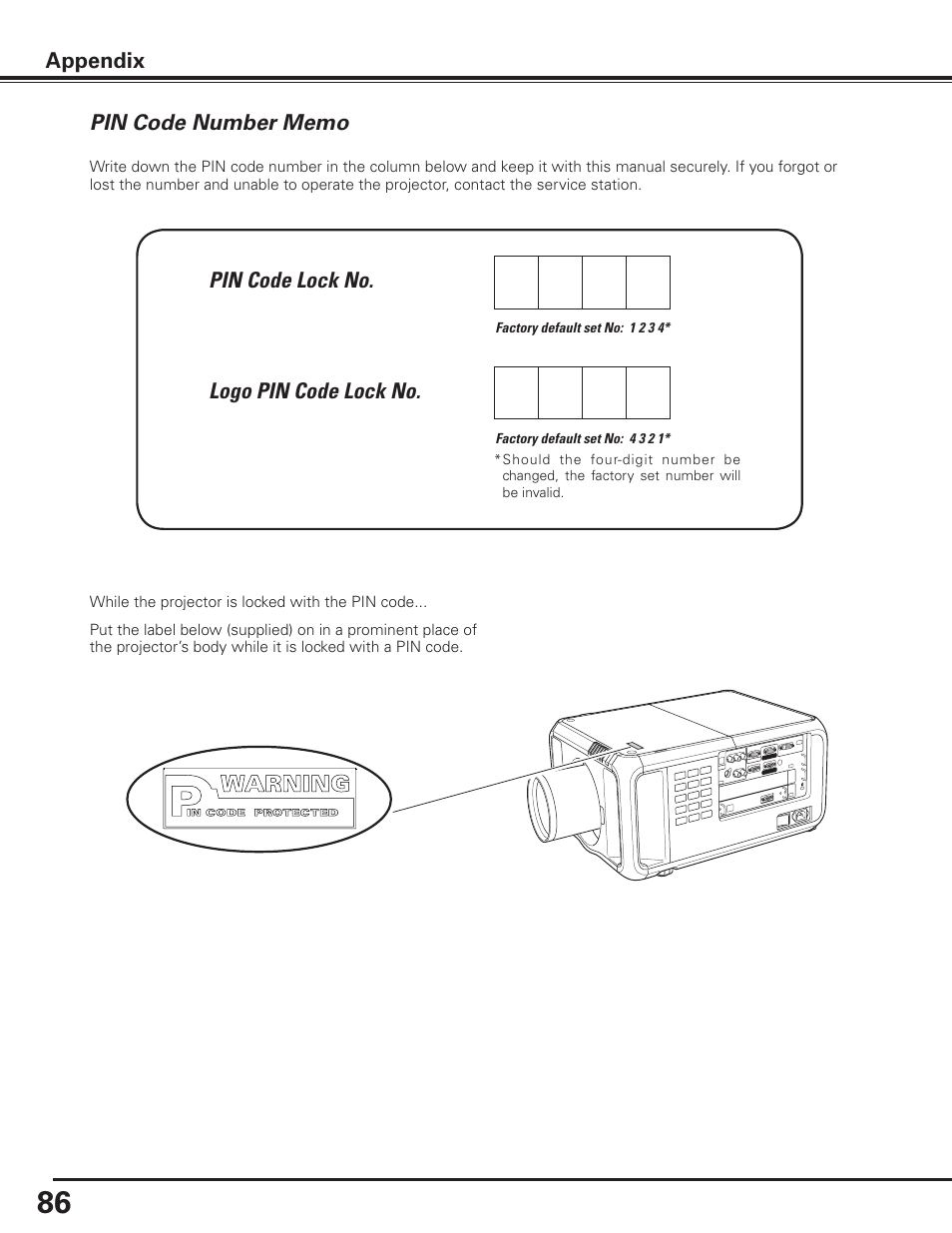 Pin code number memo | Sanyo PDG-DET100L User Manual | Page 86 / 92