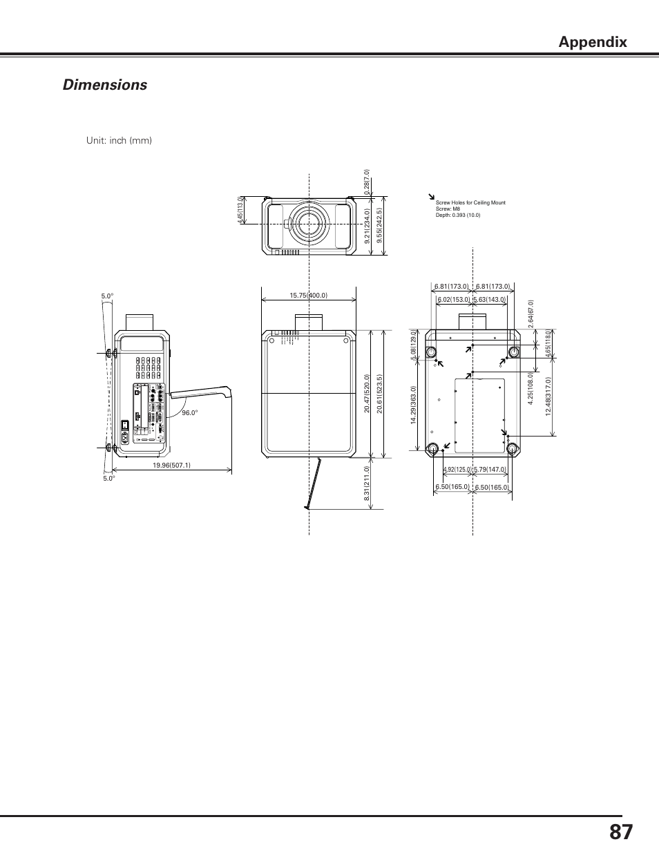 Dimensions, Appendix | Sanyo PDG-DET100L User Manual | Page 87 / 92