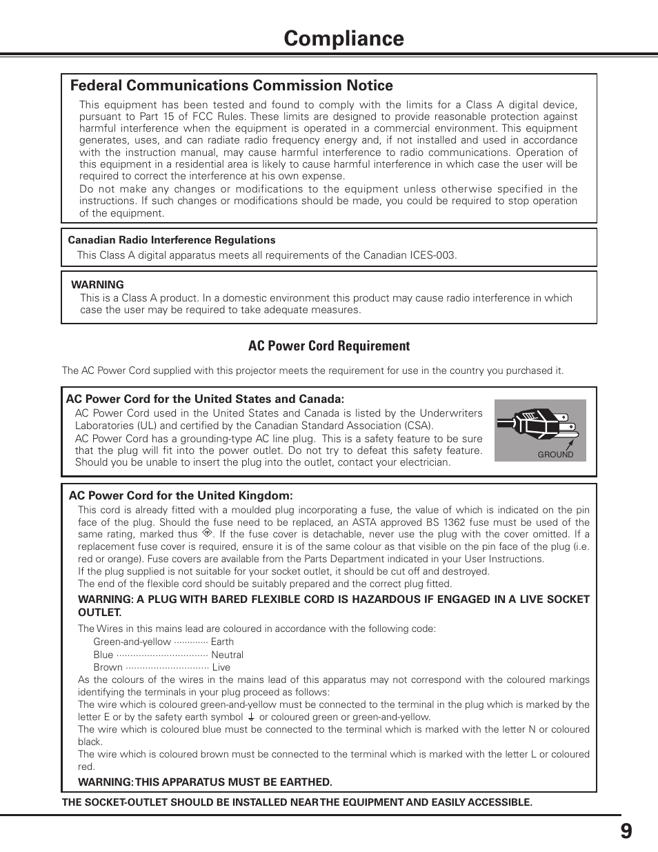 Compliance, Federal communications commission notice, Ac power cord requirement | Sanyo PDG-DET100L User Manual | Page 9 / 92