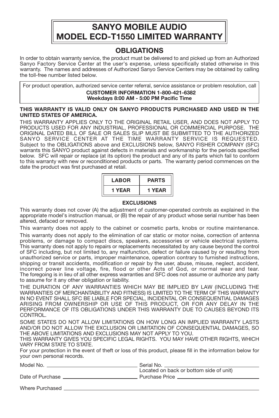 Obligations | Sanyo ECD-T1550 User Manual | Page 14 / 16
