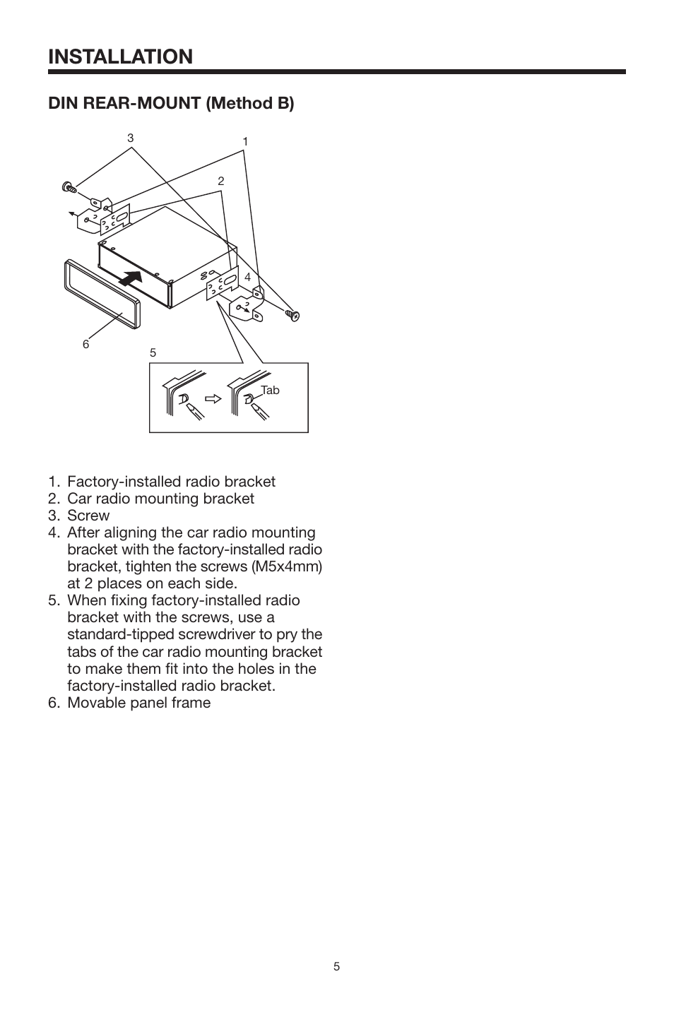 Installation, Din rear-mount (method b) | Sanyo ECD-T1550 User Manual | Page 5 / 16