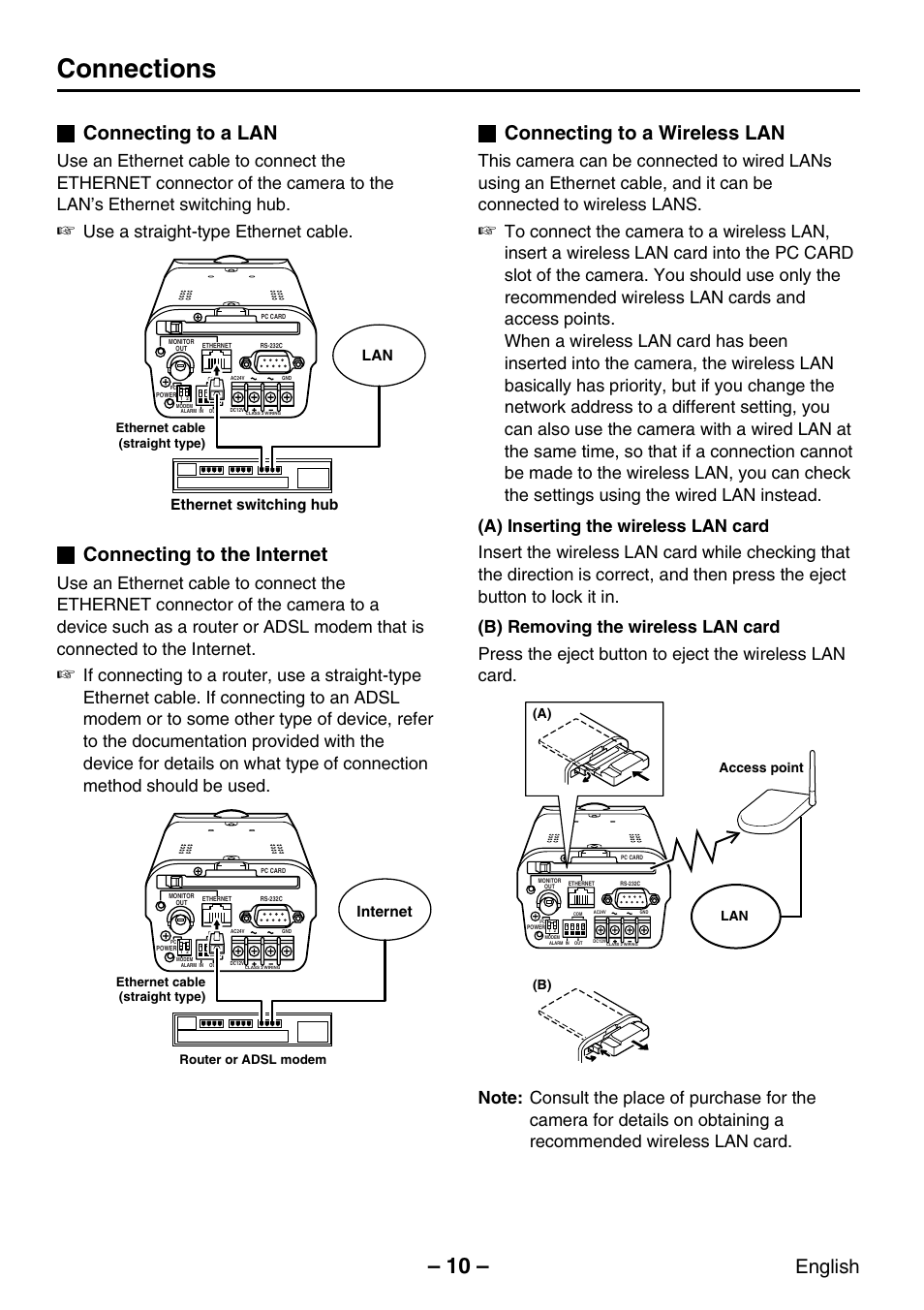 Connections, Connecting to a lan, Connecting to the internet | Connecting to a wireless lan, English, Use a straight-type ethernet cable, Ethernet switching hub lan, Internet, Lan access point (a) (b) | Sanyo VCC-WB2000P User Manual | Page 11 / 52