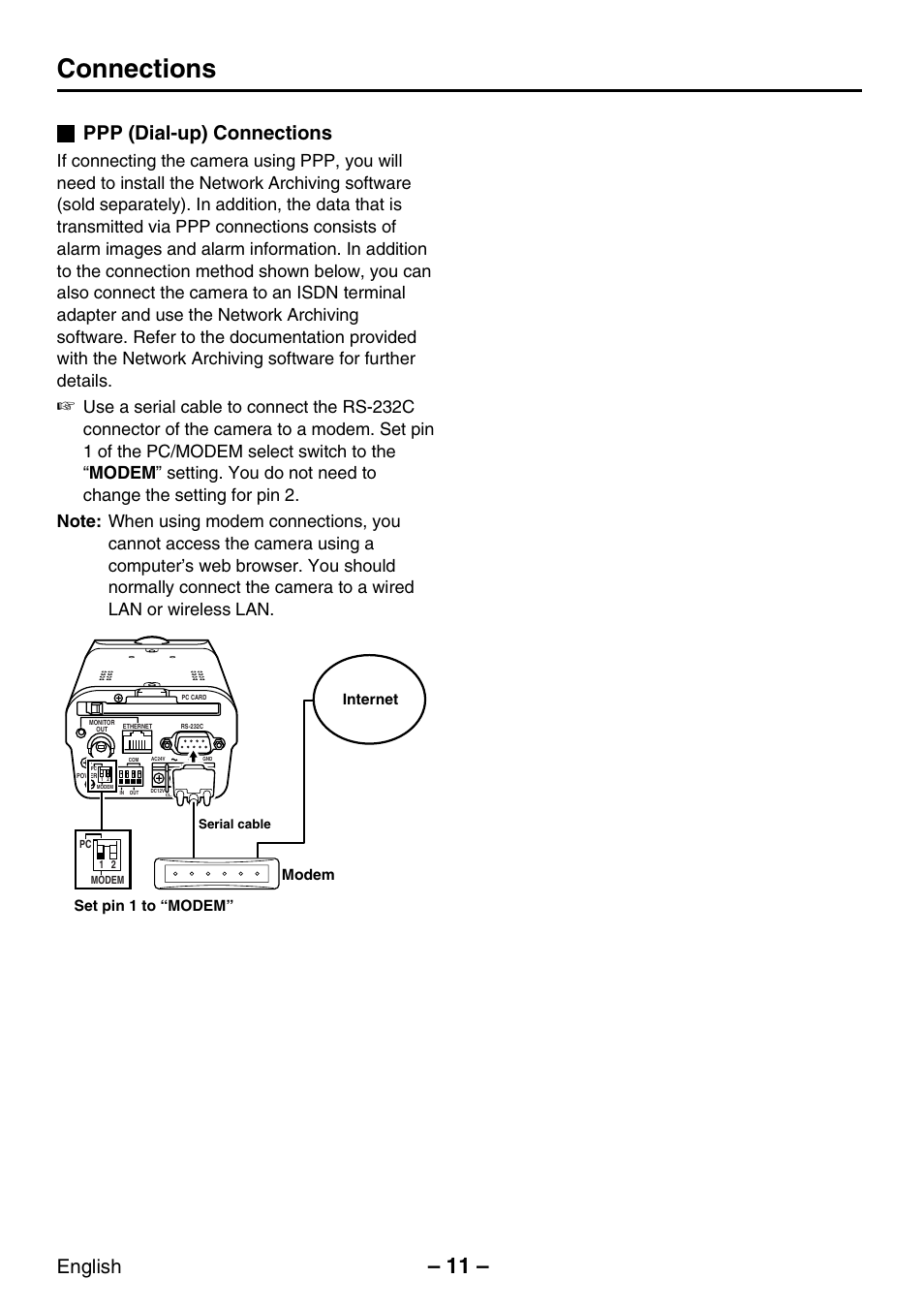 Connections, Ppp (dial-up) connections, English | Internet, Set pin 1 to “modem” modem | Sanyo VCC-WB2000P User Manual | Page 12 / 52