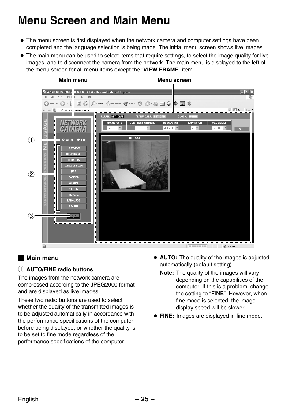 Menu screen and main menu | Sanyo VCC-WB2000P User Manual | Page 26 / 52