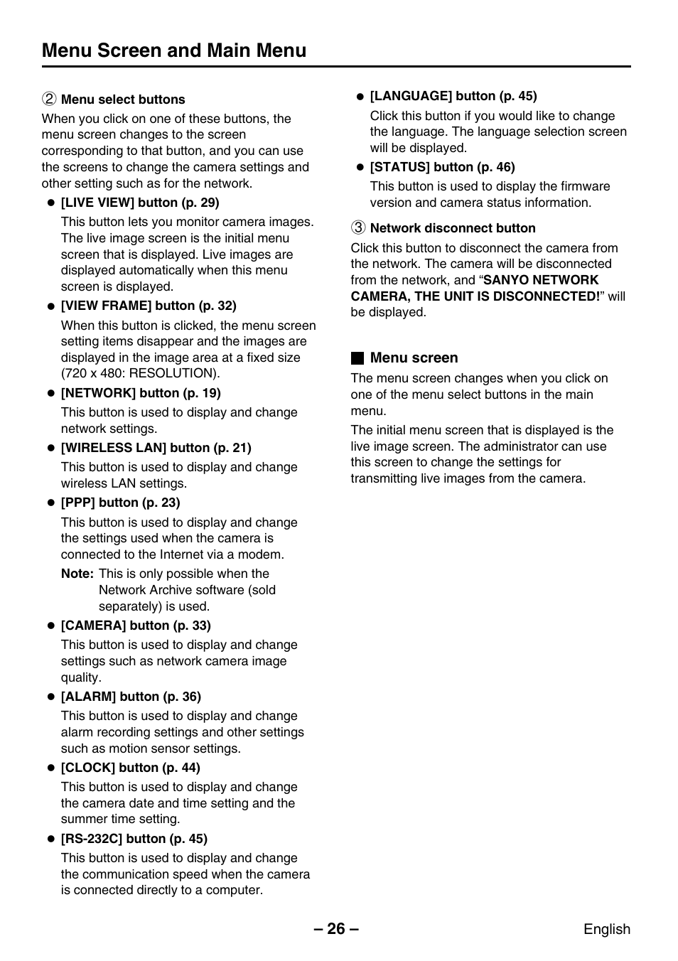 Menu screen and main menu | Sanyo VCC-WB2000P User Manual | Page 27 / 52