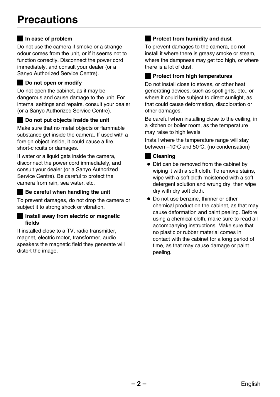 Precautions | Sanyo VCC-WB2000P User Manual | Page 3 / 52