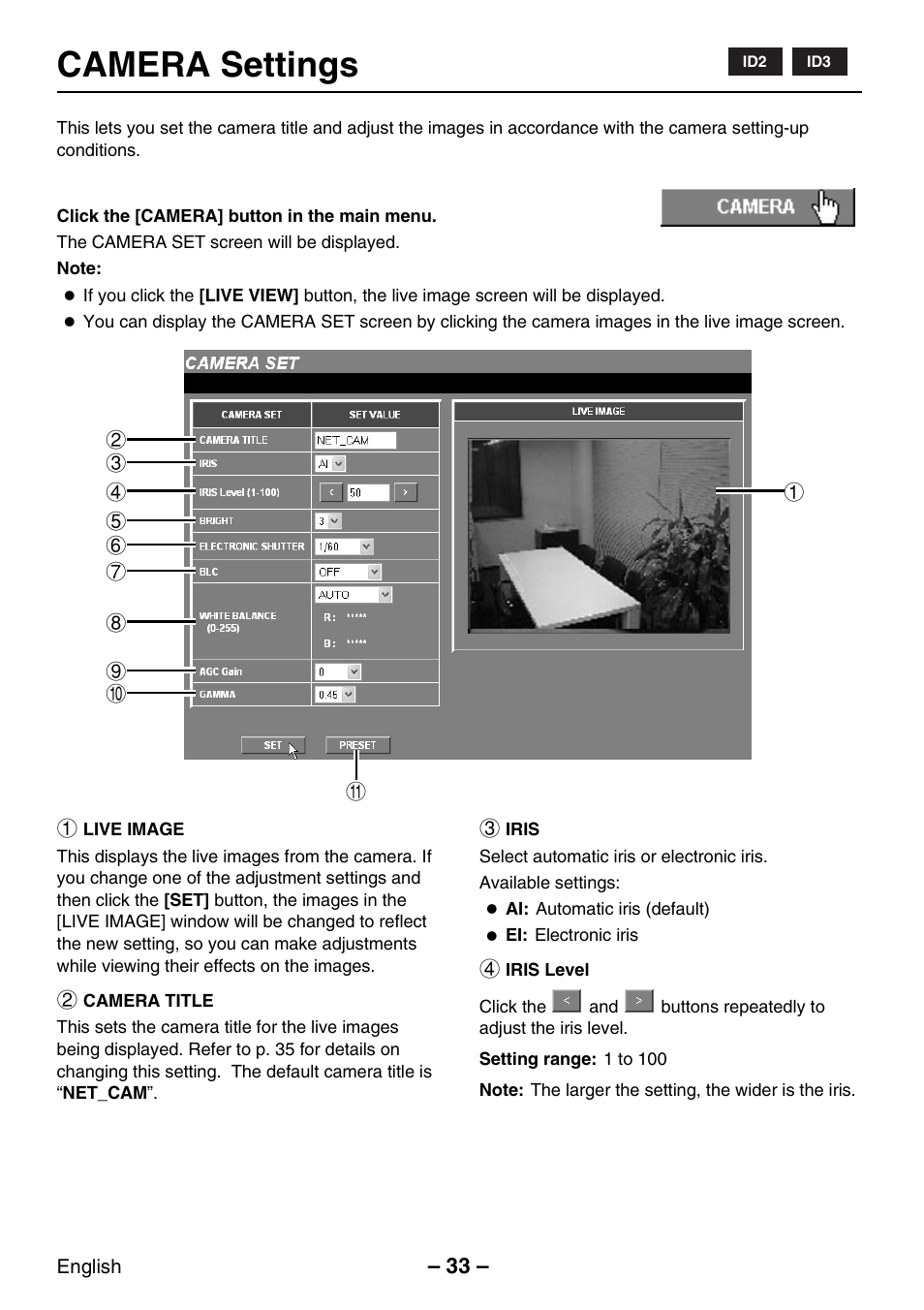 Camera settings | Sanyo VCC-WB2000P User Manual | Page 34 / 52