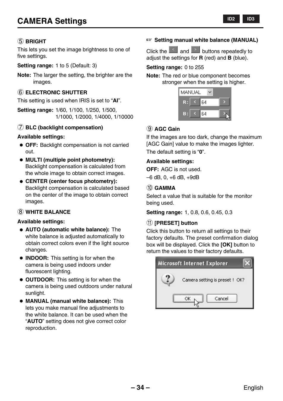 Camera settings | Sanyo VCC-WB2000P User Manual | Page 35 / 52