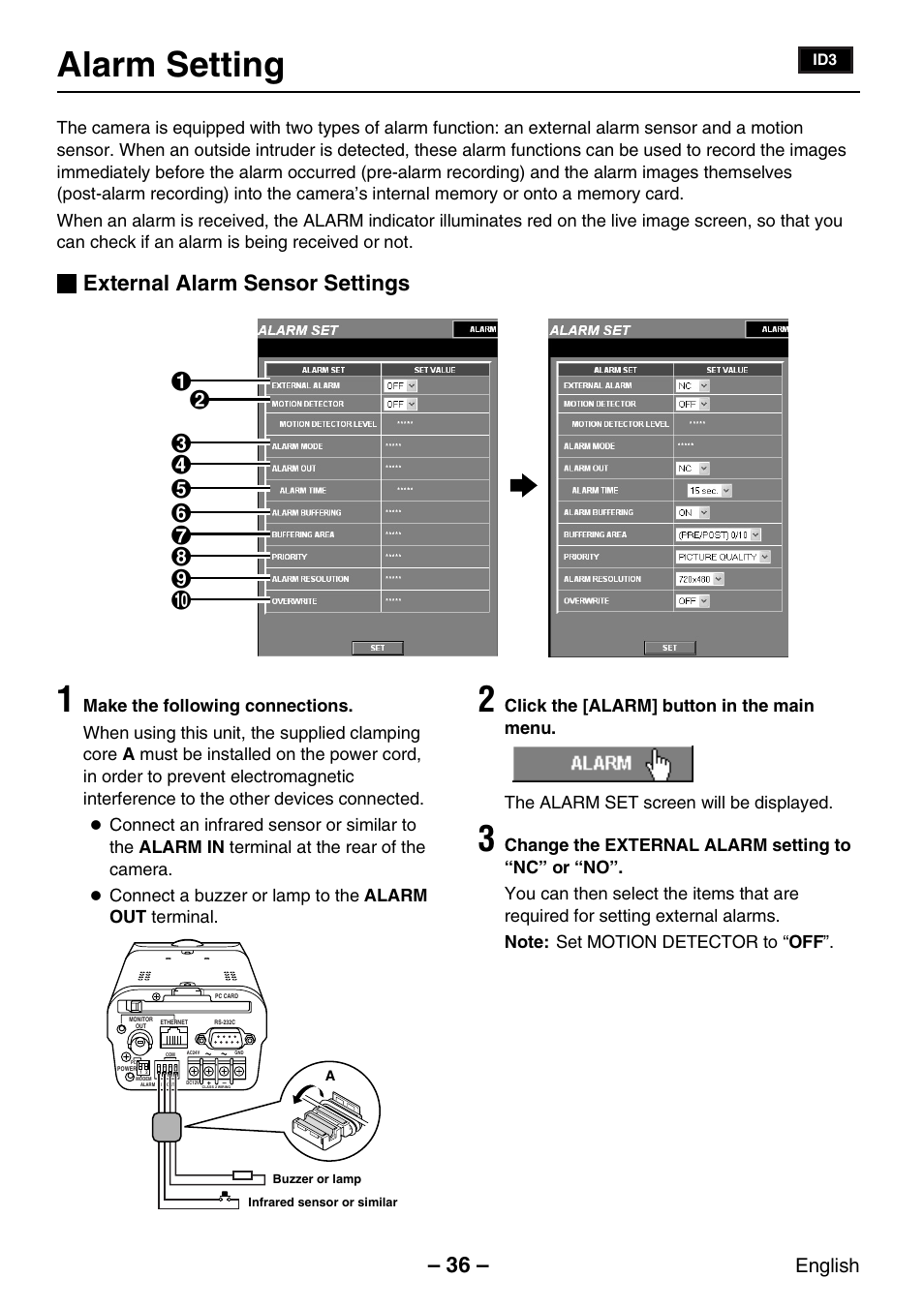 Alarm setting, External alarm sensor settings, English | Sanyo VCC-WB2000P User Manual | Page 37 / 52