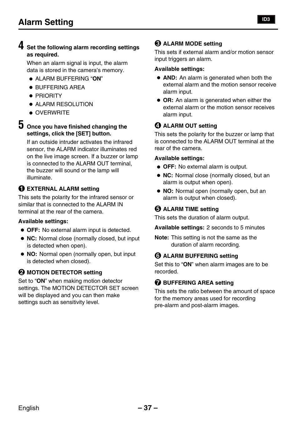 Alarm setting | Sanyo VCC-WB2000P User Manual | Page 38 / 52