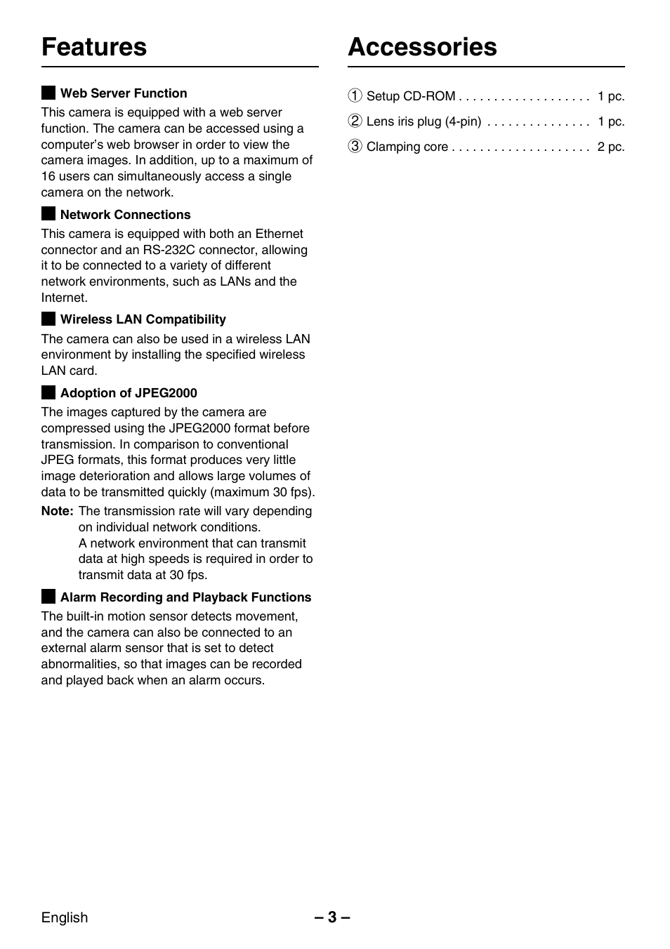 Features, Accessories | Sanyo VCC-WB2000P User Manual | Page 4 / 52