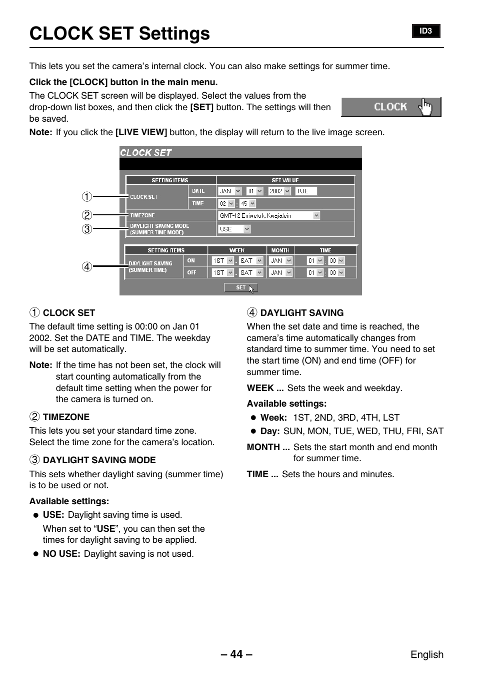 Clock set settings | Sanyo VCC-WB2000P User Manual | Page 45 / 52