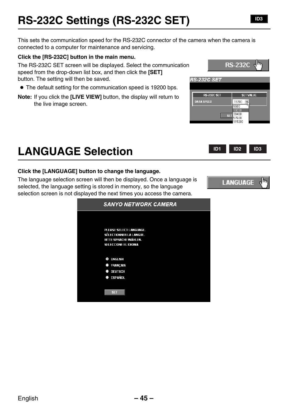 Language selection | Sanyo VCC-WB2000P User Manual | Page 46 / 52