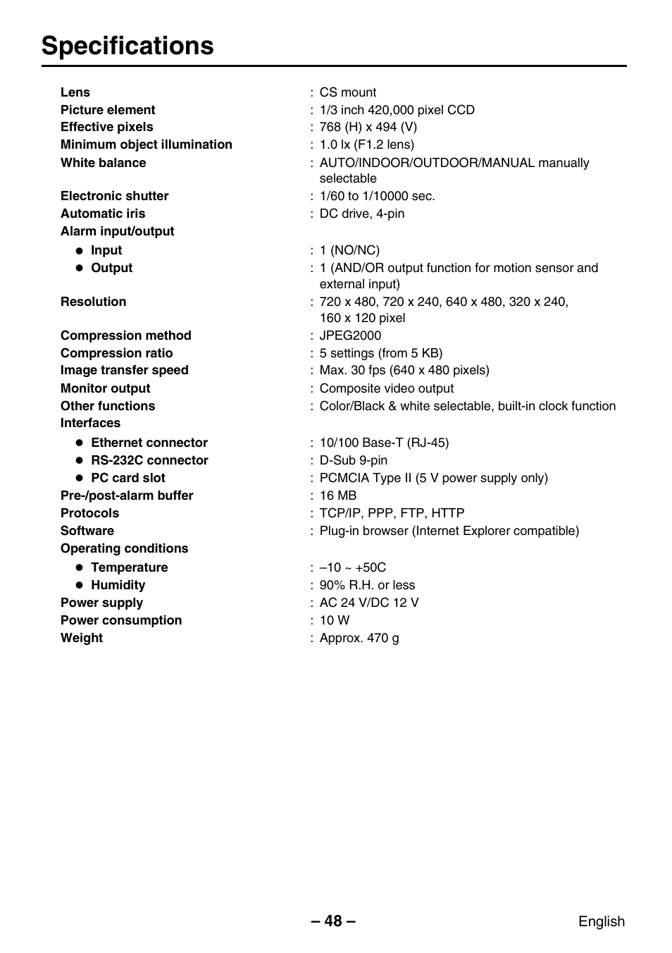 Specifications | Sanyo VCC-WB2000P User Manual | Page 49 / 52