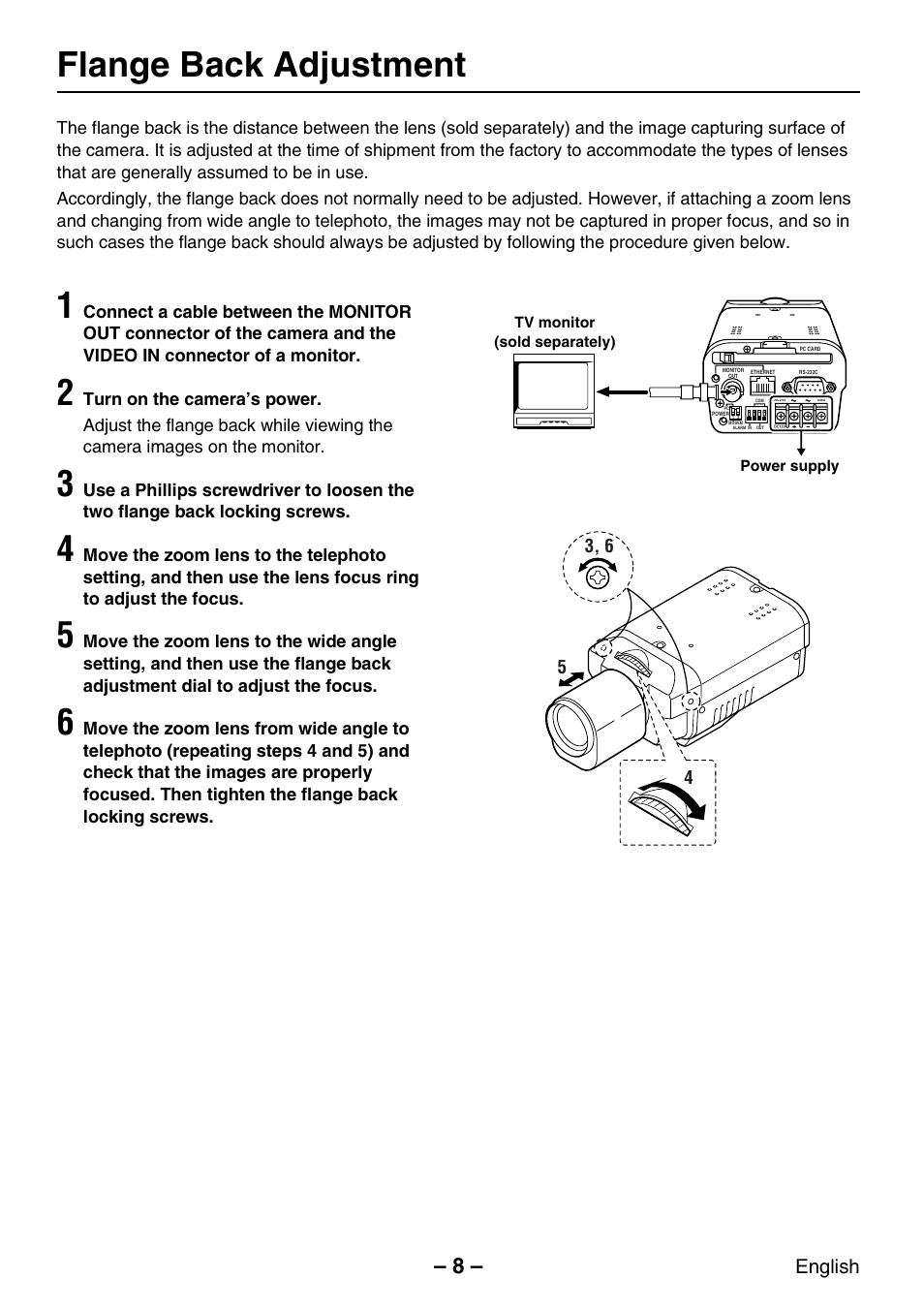 Flange back adjustment, English | Sanyo VCC-WB2000P User Manual | Page 9 / 52