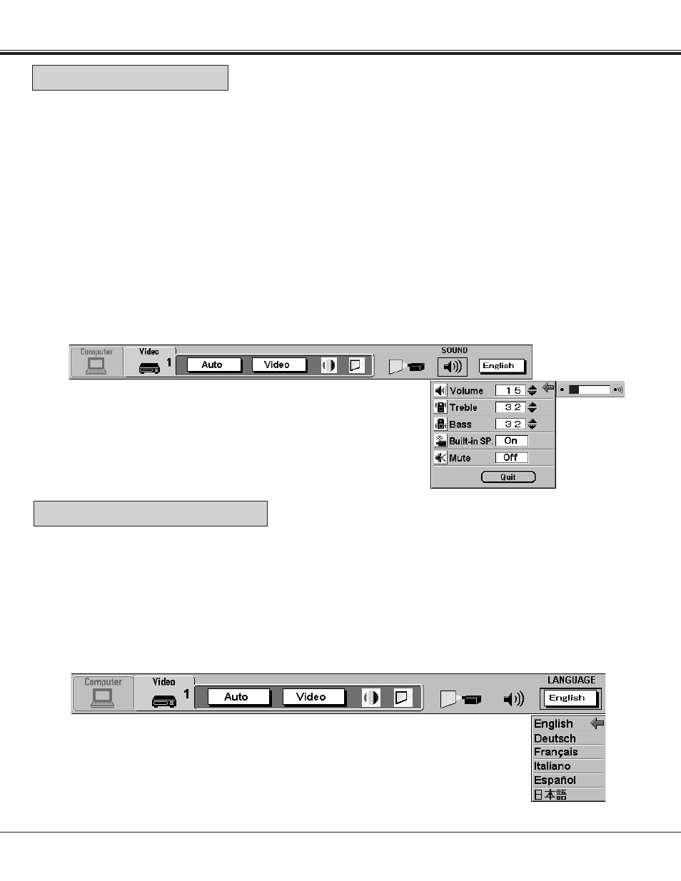 Sound adjustment language adjustment | Sanyo PLC-XF10NL User Manual | Page 36 / 58